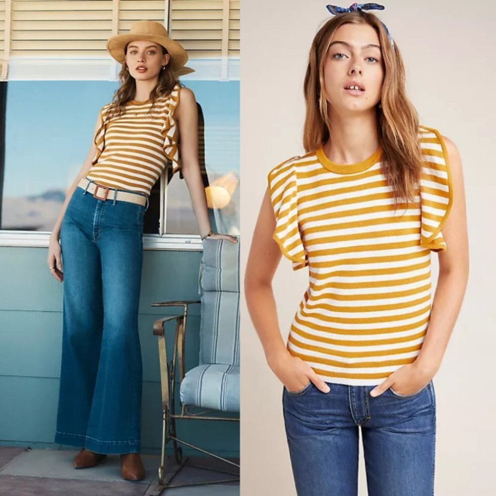 Anthropologie Jillian Flutter Sleeved Top Size XS Stripe Ruffle Knit Bohemian